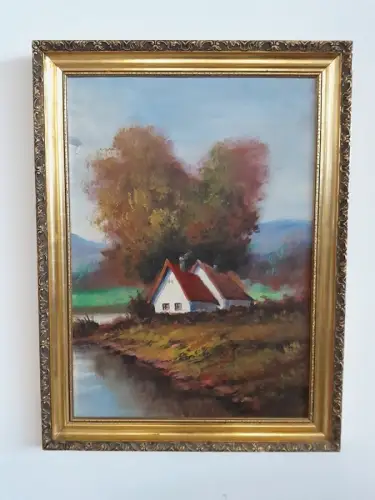 H1509-Ölbild-Öl auf Holz-Gemälde-signiert-gerahmt-Haus am Fluss-Landschaftsbild