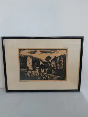 H1510-Holzschnitt-Stadtbild-Passepartout-hinter Glas-signiert-gerahmt-Bild