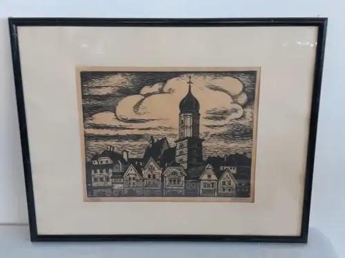 H1511-Holzschnitt-Altstadt-Bild-signiert-gerahmt-Passepartout-hinter Glas