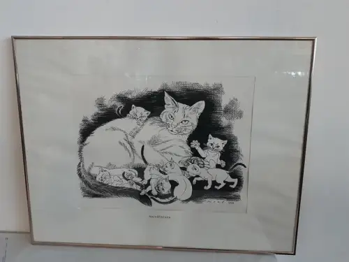 H1513-Tuschezeichnuung-Tierbild-Katzen-Bild-signiert-gerahmt-datiert-hinter Glas