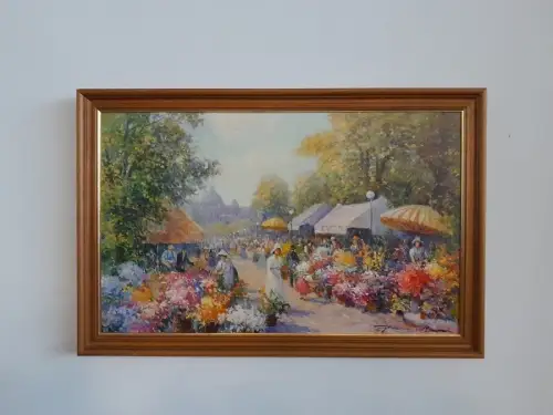 H1514-Öldruck-auf Holz-Bild-Blumenmarkt-Gemälde-gerahmt-Druck