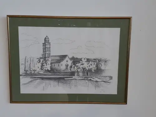 H1515-Tuschezeichnung-Kroatien-Hvar-hinter Glas-gerahmt-signiert-Passepartout