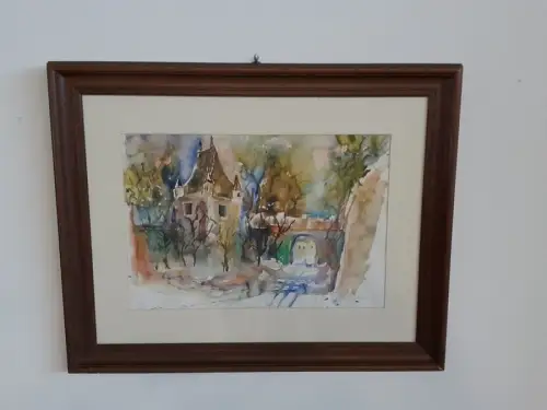 H1516-Aquarell-Bild-Gemälde-Passepartout-hinter Glas-signiert-gerahmt-datiert