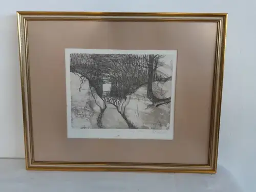 H1518-Original-Radierung-Bild-signiert-gerahmt-Passepartout-Landschaftsbild