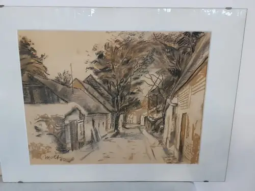 H1520-Bild-Gemälde-Mischtechnik-datiert-signiert-Passepartout-hinter Glas-Dorf