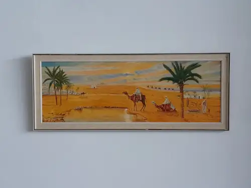 H1407-Orientalisches-Ölbild-Öl auf Leinen-Karawane in der Wüste-Ölgemälde