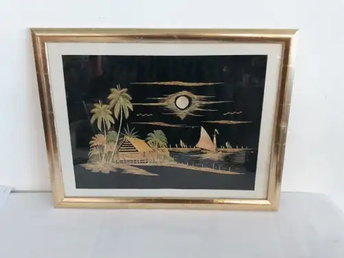 H1495-Strohkunst-Bild-asiatisch-Gemälde-hinter Glas-gerahmt-Landschaftsbild