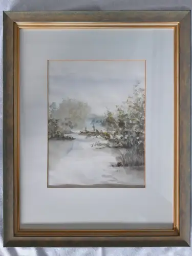 H283-Landschaftsbild-Gemälde-Bild-Aquarell-Passepartout-gerahmt-signiert-datiert