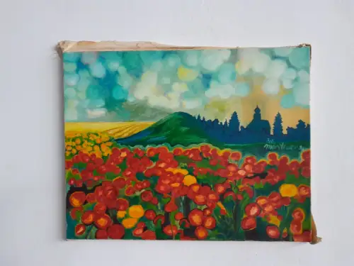 H594-Ölbild-Landschaftsbild-"Mohnblumenfeld"-signiert-datiert-Johann Marsteurer-