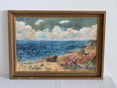 H1454-Aquarell-Küstenbild-gerahmt-Gemälde-signiert-hinter Glas-Bild-