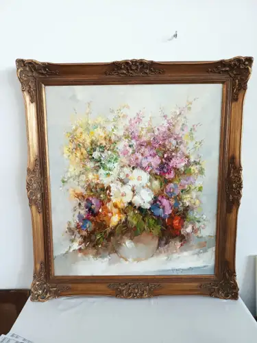 H807-Bild-Stillleben-Gemälde-gerahmt-signiert-Blumen in einer Vase