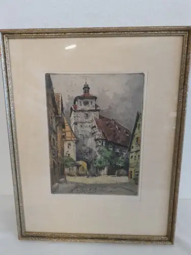 H859-Stadtbild-Farbradierung-Gemälde-signiert-gerahmt-Passepartout-hinter Glas