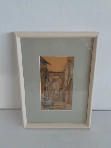H860-Stadtbild-Aquarell-Bild-Gemälde-signiert-gerahmt-Passepartout-hinter Glas