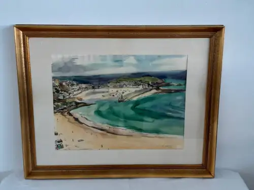 H1037-Aquarell-Küstenlandschaft-Passepartout-hinter Glas-signiert-gerahmt-