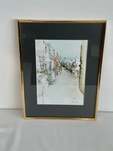 H862-Aquarell-Landschaftsbild-Gemälde-Bild-signiert-gerahmt-hinter Glas