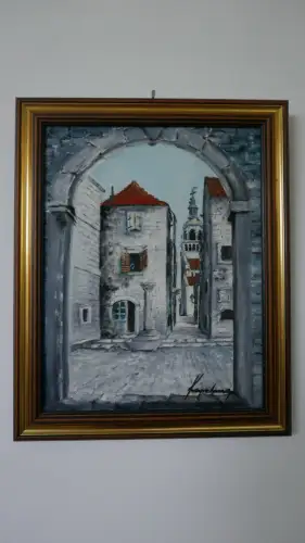 H24-Stadtbild-Ölgemälde-Öl auf Leinen-Ölbild-Gemälde-Bild-gerahmt