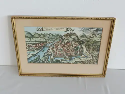 H787-Bild-kolorierter Stich-Gemälde-Stadtbild-Landschaftsbild-Graz-gerahmt