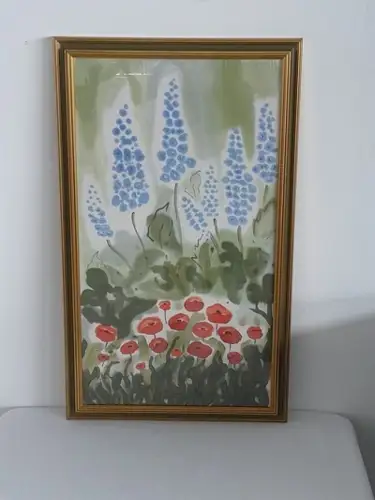 H782-Seidenmalerei-Bild-Gemälde-Blumenbild-hinter Glas-signiert-gerahmt-datiert