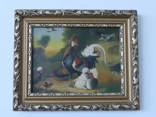 H88-Ölbild-Ölgemälde-Öl auf Holz-Die Hühnerfamilie-Tierbild-gerahmt
