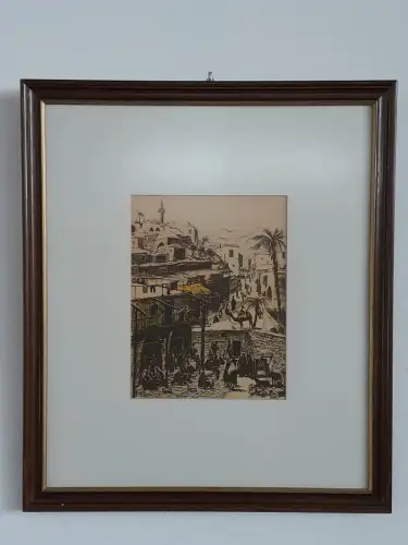 H647-Landschaftsbild-Gemälde-Kohlezeichnung-Der Basar-Mischtechnik-Bild-gerahmt-