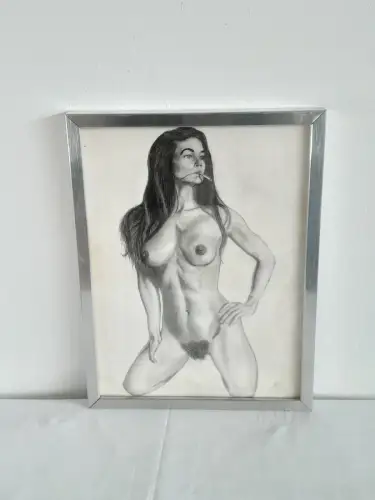 H641-Aktbild-Gemälde-Bleistiftzeichnung-Rauchende Frau-Bild-gerahmt-