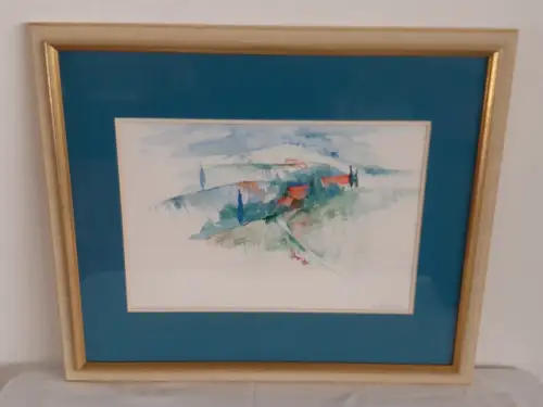 H640-Aquarell-Bild-Gemälde-Passepartout-signiert-gerahmt-datiert-Landschaft-