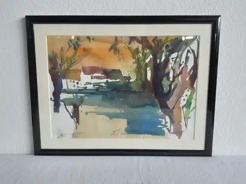 H534-Landschaftsbild-Naturbild-Aquarell-Gemälde-Bild-Passepartout-signiert-