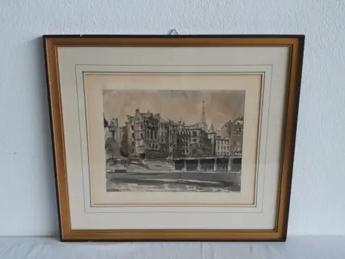 H525-Stadtbild-am Neckar-Tusche-Aquarell-Gemälde-Bild-hinter Glas-gerahmt-