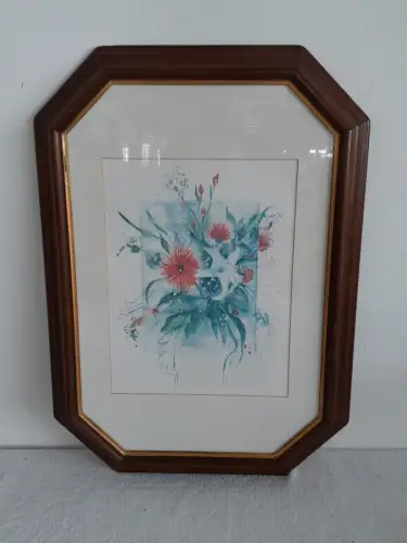 H1542-Aquarell-Bild-Blumenbild-Gemälde-hinter Glas-signiert-gerahmt-Passepartout