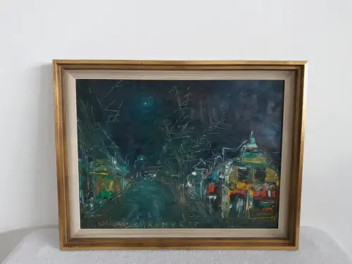 H1545-Ölbild-Öl auf Leinen-Ölgemälde-Stadtbild bei Nacht-signiert-gerahmt-Bild