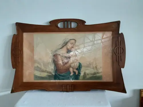 H1546-Jugendstilrahmen-Rahmen-Heiligenbild-Kunststudie-hinter Glas-signiert