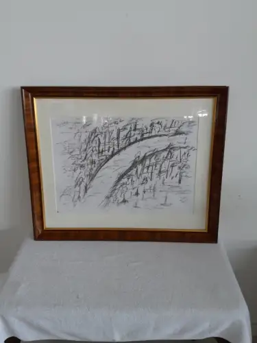 H1547-Abstraktes Bild-Landschaftsbild-gerahmt-Passepartout-Ölkreide-hinter Glas