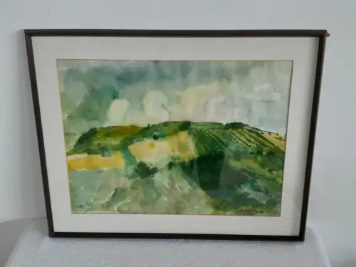 H1548-Aquarell-Landschaftsbild-Gemälde-hinter Glas-signiert-gerahmt-Passepartout