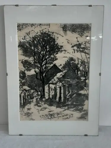 H1551-Bild-Landschaftsbild-Gemälde-Mischtechnik-Passepartout-hinter Glas-datiert