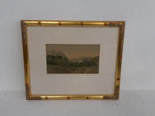 H1541-Bild-Landschaftsbild-Aquarell-Passepartout-signiert-gerahmt-hinter Glas