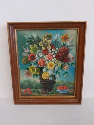H1526-Ölbild-Stillleben-Öl auf Holz-Ölgemälde-gerahmt-Blumen in einer Vase-Bild