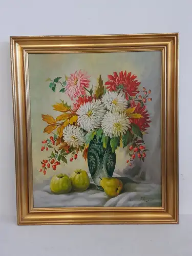 H1527-Ölbild-Ölgemälde-Öl auf Holz-Stillleben-signiert-gerahmt-Blumenbild-Bild