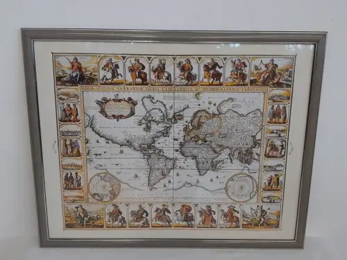 H1533-Kunstdruck-Weltkarte-Antik-gerahmt-hinter Glas-Bild