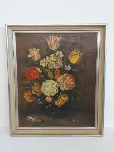 H1536-Ölbild-Öl auf Leinen-Ölgemälde-Stillleben-signiert-gerahmt-Blumenbild