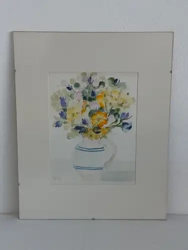 H1468-Aquarell-Blumenkrug-Gemälde-Bild-Passepartout-monogrammiert-hinter Glas