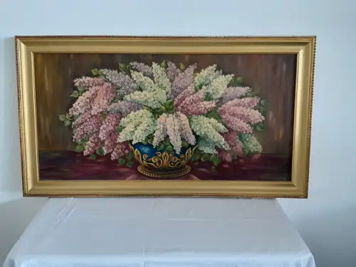 H1463-Stillleben-Öl auf Leinen-Ölbild-Ölgemälde-Blumen-signiert-gerahmt-datiert