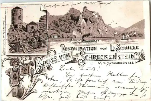 Gruss vom Schreckenstein bei Aussig - Restaurantion von Schulz - Litho -50518