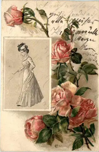 Frau mit Blumen - Prägekarte -412672
