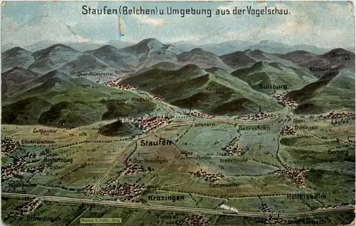 Staufen und Umgebung aus der Vogelschau - Künstlerkarte E. Felle -419680
