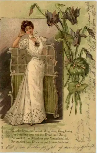 Frau mit Blumen - Prägekarte -412670