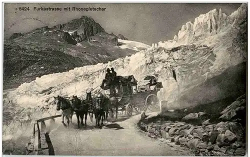 Furka Strasse mit Rhonegletscher - Postkutsche -114874
