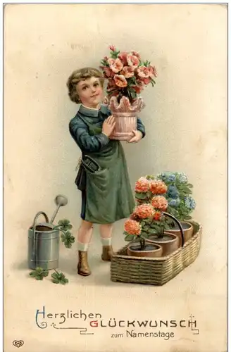 Kind mit Blumen - Litho - Prägekarte -127776