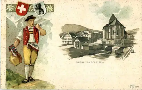 Kirche von Appenzell - Litho Prägekarte -148214
