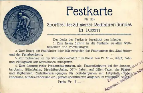 Luzern - Festkarte - Sportfest des schweiz. Radfahrer Bundes -153354