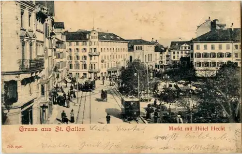 Gruss aus St. Gallen - Markt mit Hotel Hecht mit Tram -154008
